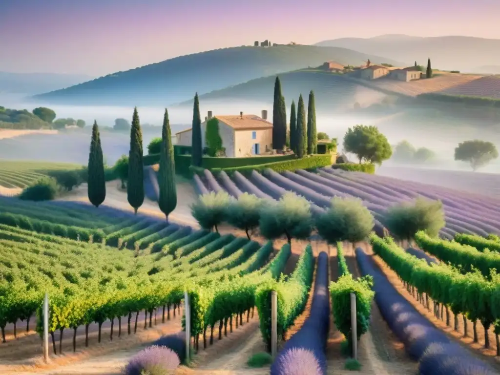 Un viñedo en Provence, Francia, con uvas rosadas y campos de lavanda en flor