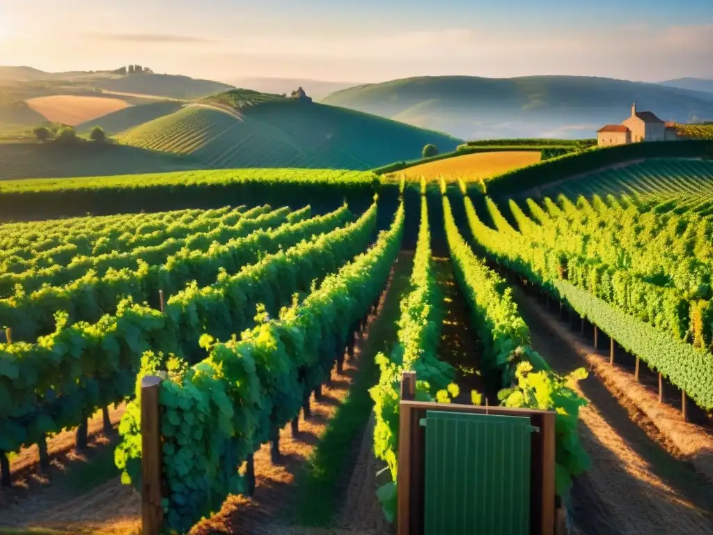 Viñedo francés con uvas verdes brillantes bajo el sol dorado, reflejando la tradición vinícola francesa