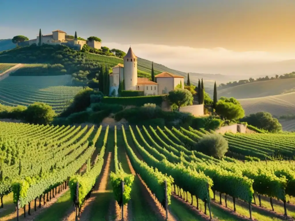 Viñedo en Languedoc-Rosellón con uvas verdes bajo el sol dorado y un château francés tradicional