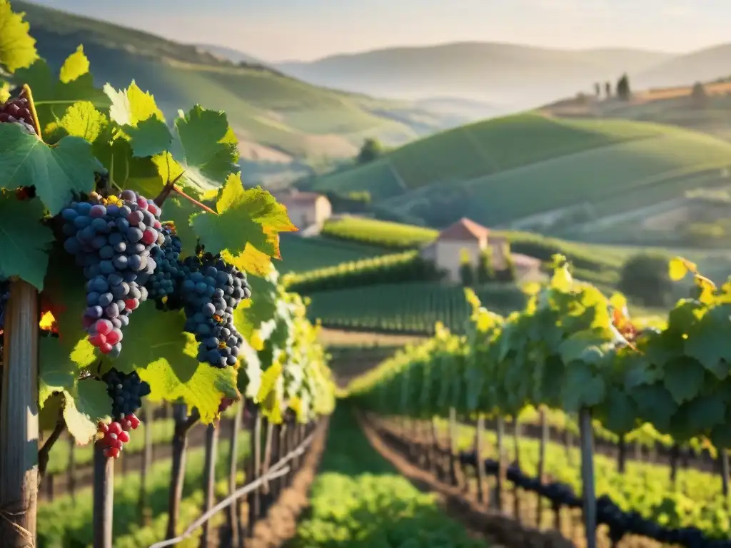 Viñedo francés con uvas para vinos tintos boutique, colores vibrantes bajo el sol en un paisaje pintoresco