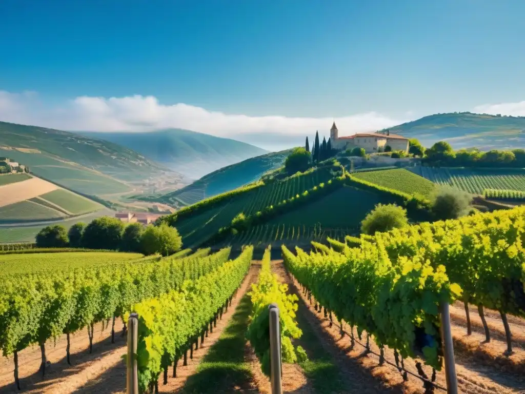 Un viñedo en el Valle del Ródano con vides verdes bajo un cielo azul