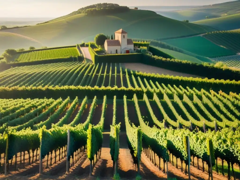 Un viñedo francés vegano innovador de vinos blancos, con trabajadores cuidando meticulosamente las vides bajo el sol dorado