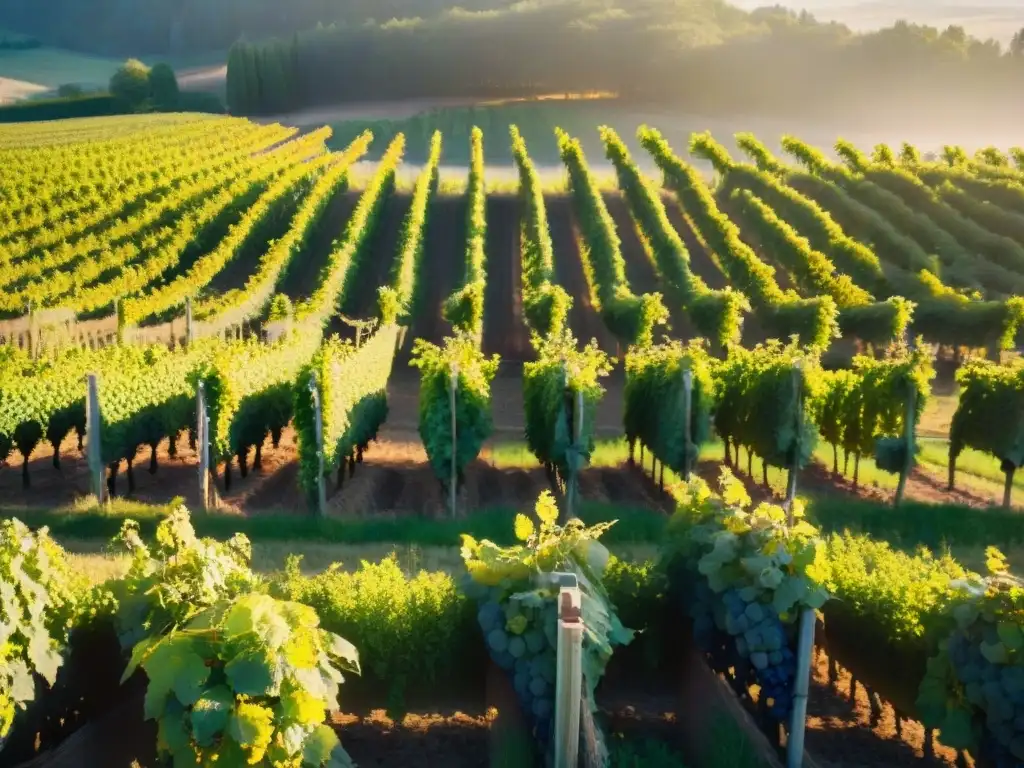 Un viñedo vibrante en la campiña francesa, muestra la armonía entre la naturaleza y la intervención humana en la producción de vinos naturales