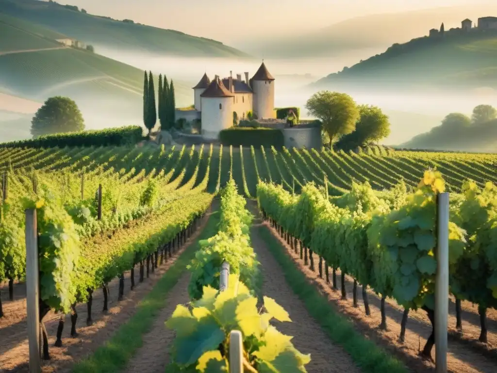 Un viñedo vibrante en la campiña francesa al amanecer, con filas de vides bañadas en luz dorada