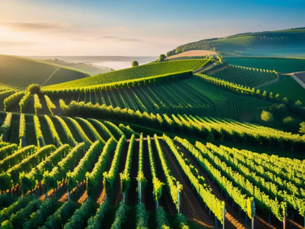 Viñedo vibrante en las colinas de Champagne, Francia, con vinos orgánicos biodinámicos