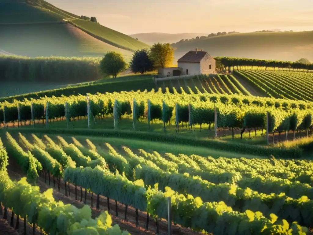 Un viñedo francés vibrante y exuberante al atardecer, con certificaciones sostenibilidad agricultura francesa