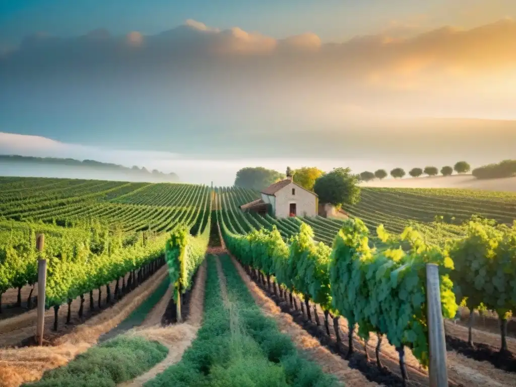 Viñedo vibrante y exuberante en la campiña francesa, con trabajadores cosechando uvas y una casa de piedra rústica