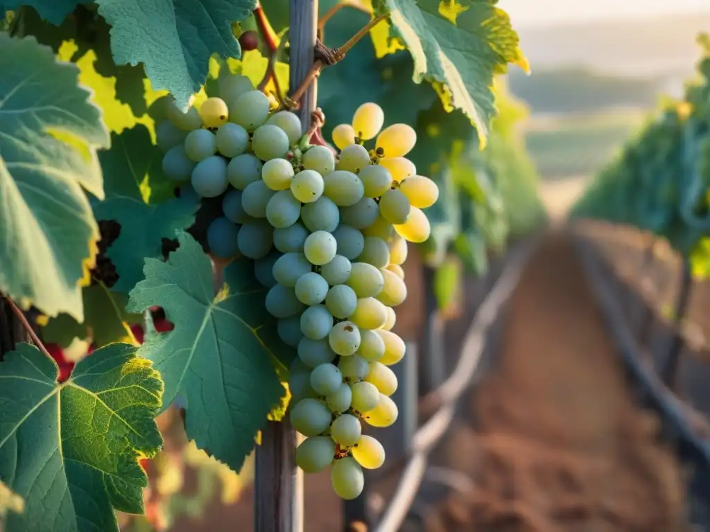 Viñedo francés al amanecer con vides cargadas de uvas blancas, brillo de rocío y atmósfera emotiva