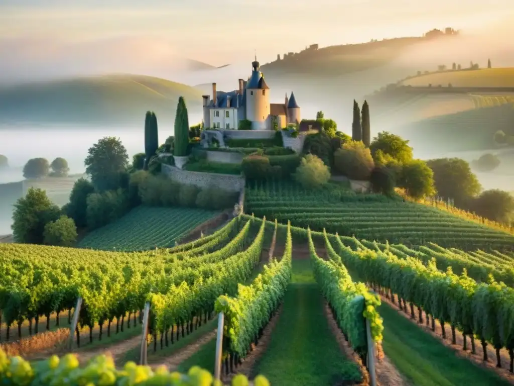 Viñedo francés al amanecer, con vides cargadas de uvas Chardonnay, chateau de piedra emergiendo entre la niebla