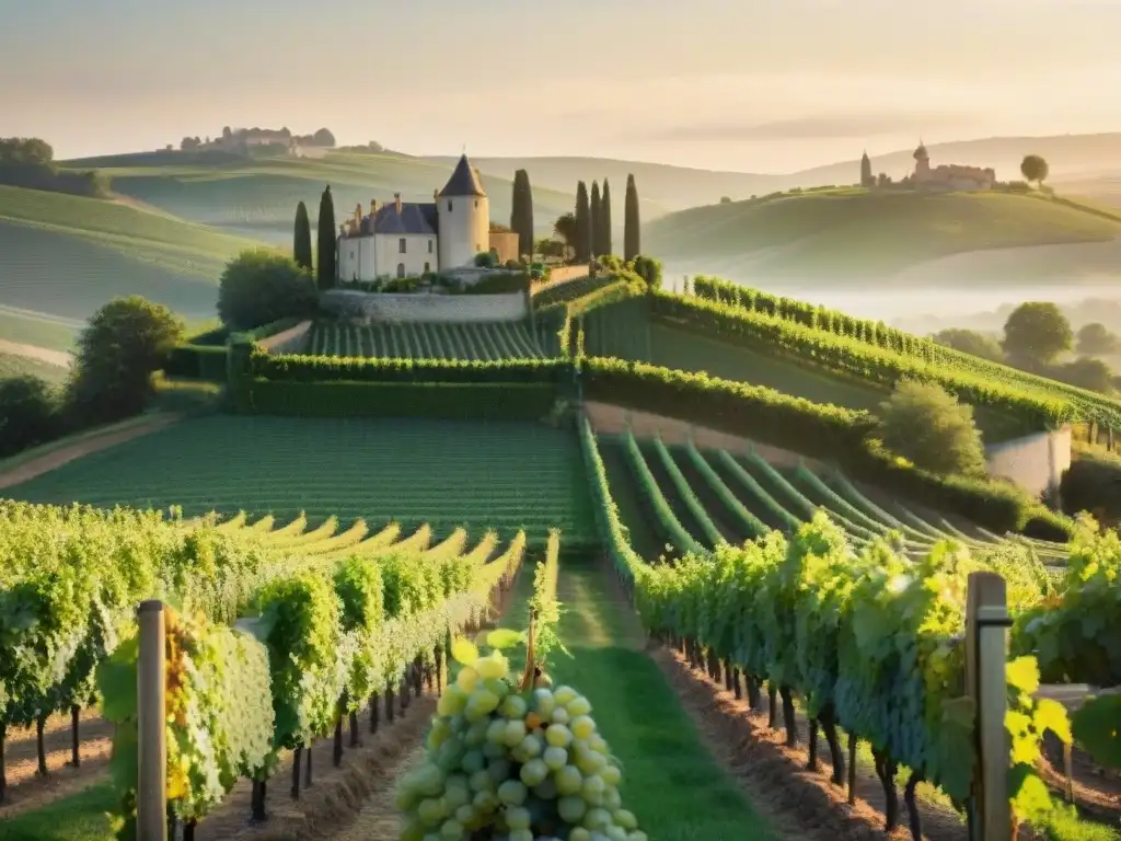 Viñedo francés al amanecer con vides cargadas de uvas doradas, ideal para vinos blancos dulces franceses