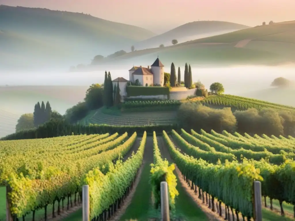 Un viñedo francés al amanecer con vides verdeantes y un castillo de piedra entre colinas, ideal para maridajes con vinos biodinámicos franceses
