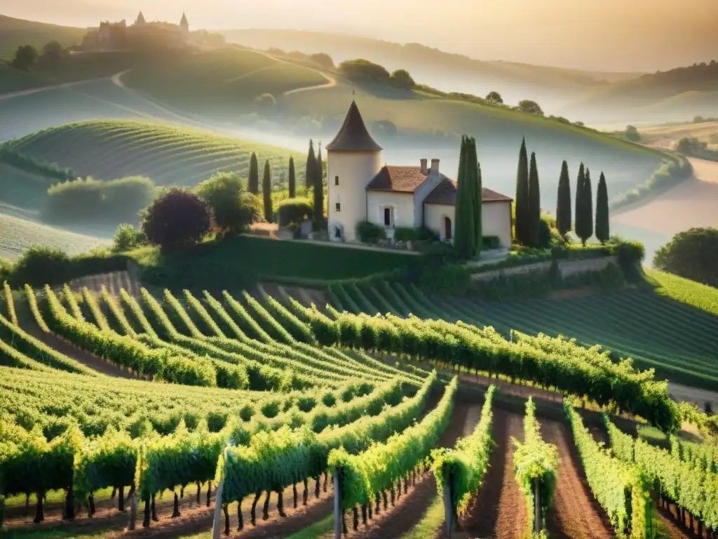 Viñedo francés al amanecer con vides orgánicas, chateau histórico y trabajadores, evocando vinos orgánicos franceses de calidad