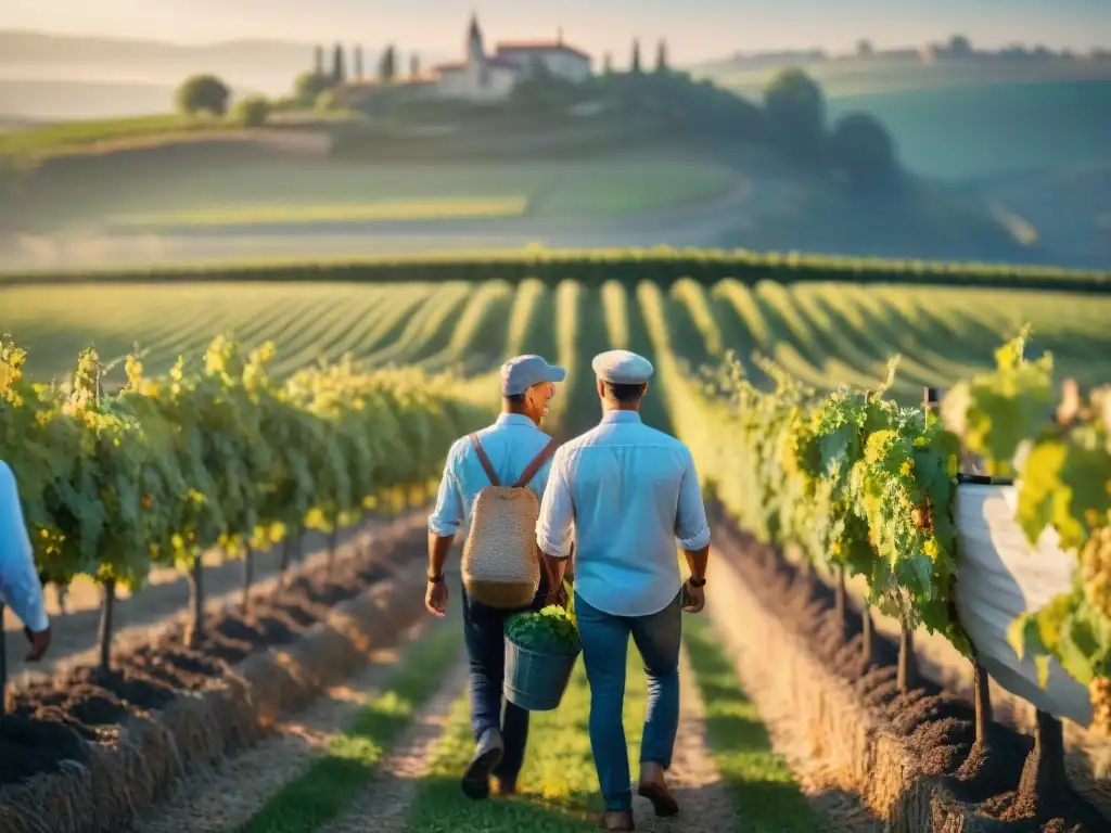 Viñedo francés al amanecer con vides verdes, bodega de piedra y trabajadores cosechando uvas