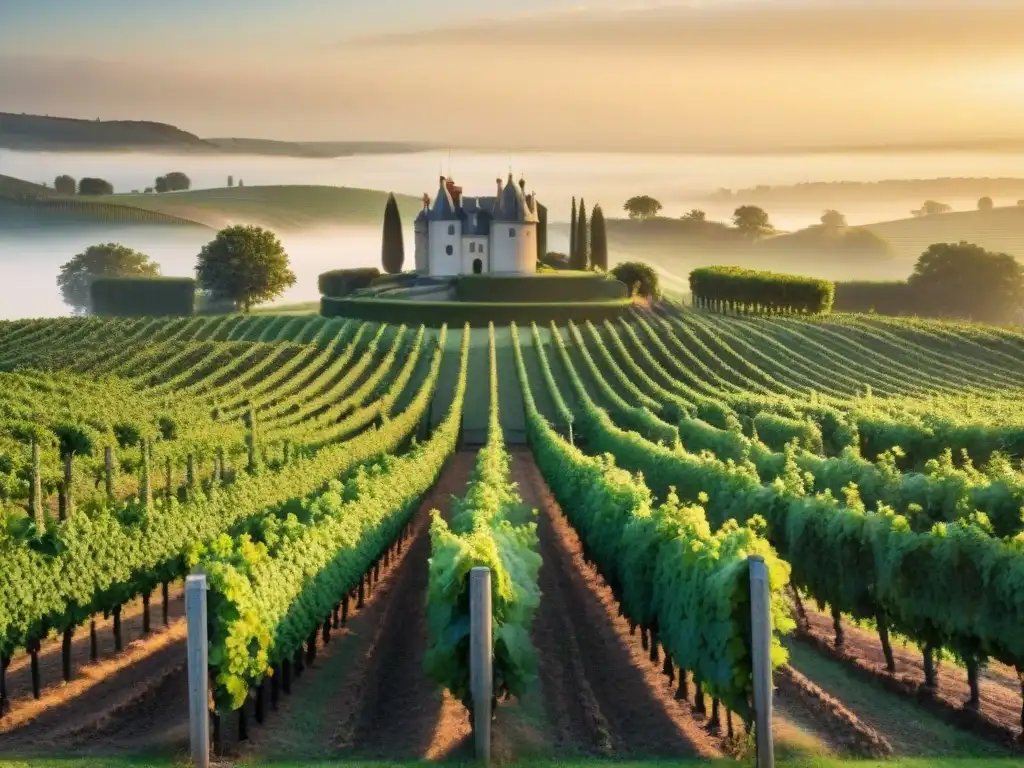 Viñedo francés al amanecer, con vides verdes cargadas de rocío