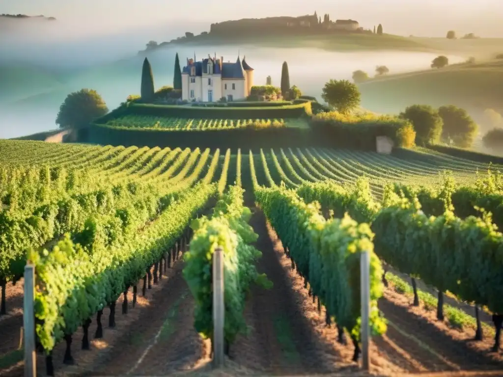 Viñedo francés al amanecer con vides verdes y un château en la neblina matutina