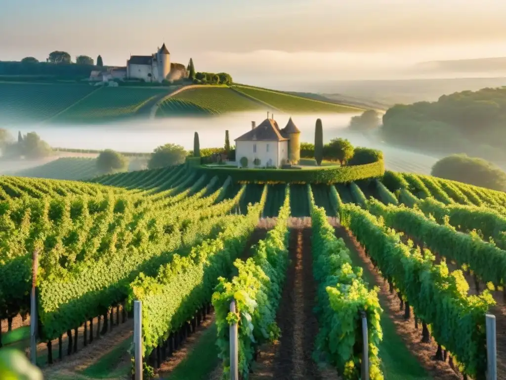 Viñedo francés al amanecer: vides verdes bajo luz dorada, chateau histórico, bruma y tranquilidad