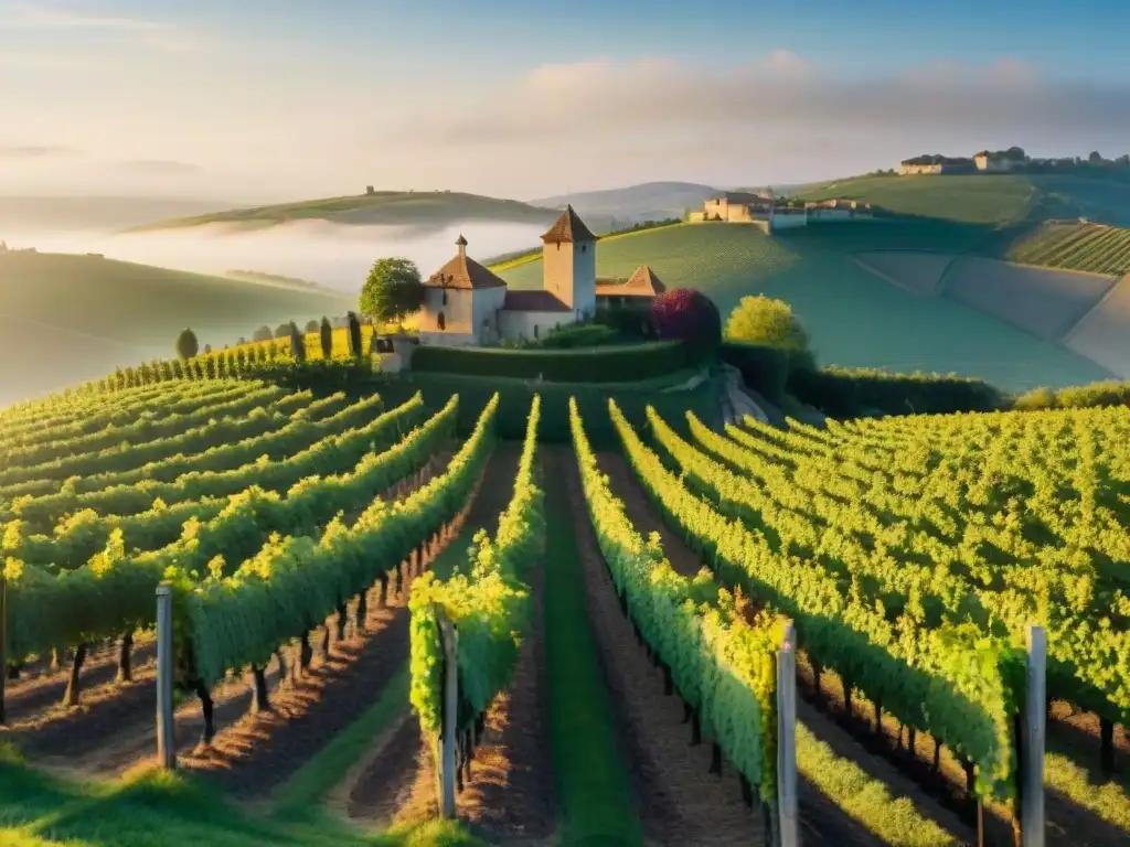 Viñedo francés al amanecer, con vides vibrantes y un chateau tradicional entre colinas, evocando la biodinámica en la gastronomía francesa