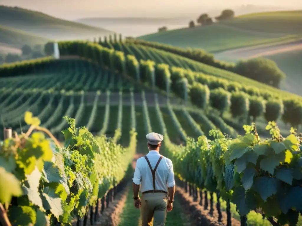 Un viñedo francés al amanecer con viticultor inspeccionando uvas