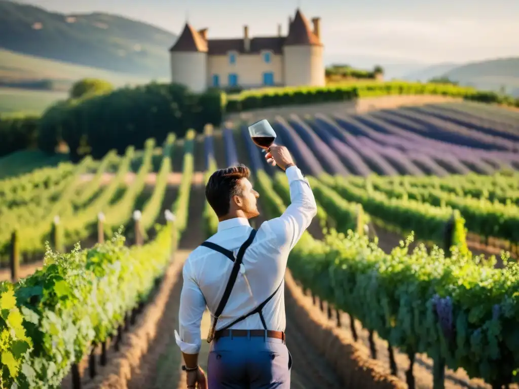 Sommelier inspecciona vino tinto en viñedo francés