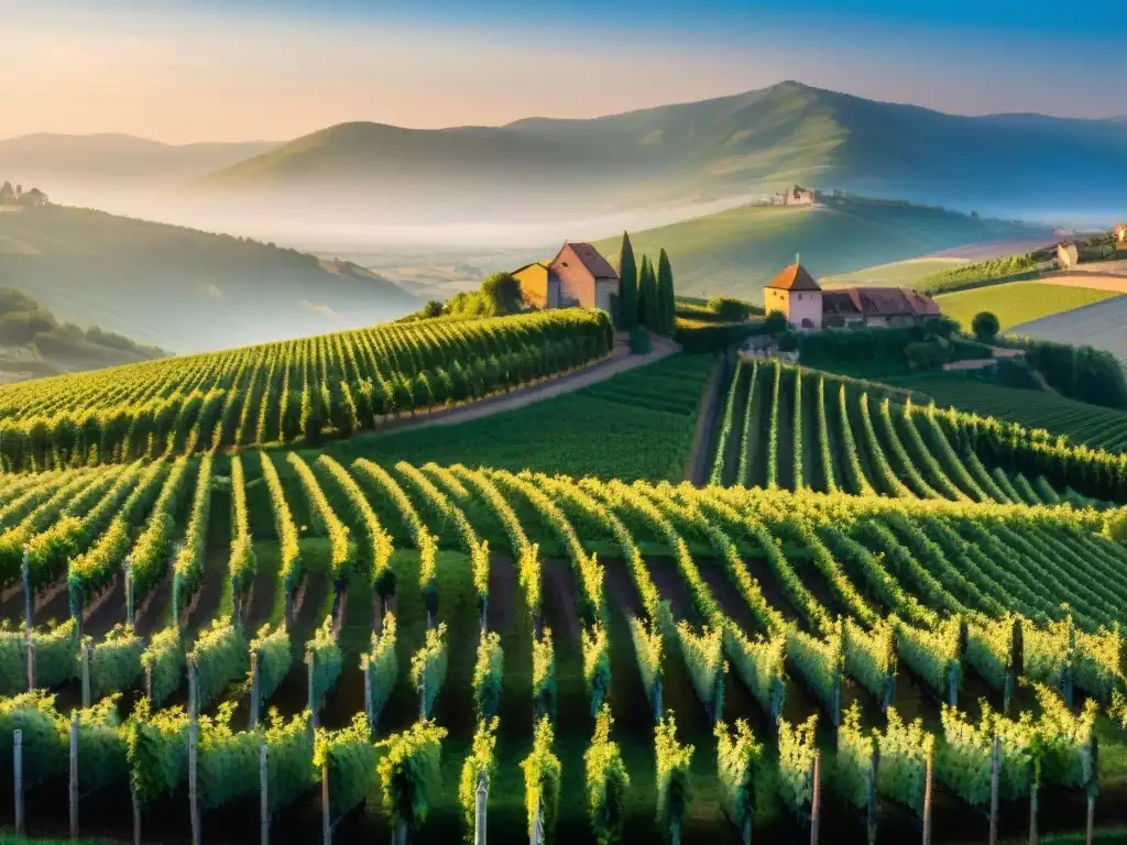 Viñedos de Alsacia al atardecer, reflejando la belleza y tranquilidad de la región vinícola francesa