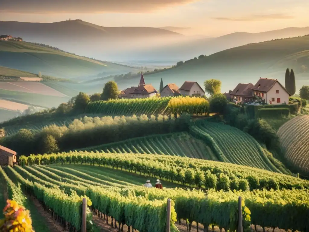 Viñedos de Alsacia al atardecer con casas tradicionales y viticultor inspeccionando uvas, transmitiendo la magia de los vinos Alsacia sabores únicos