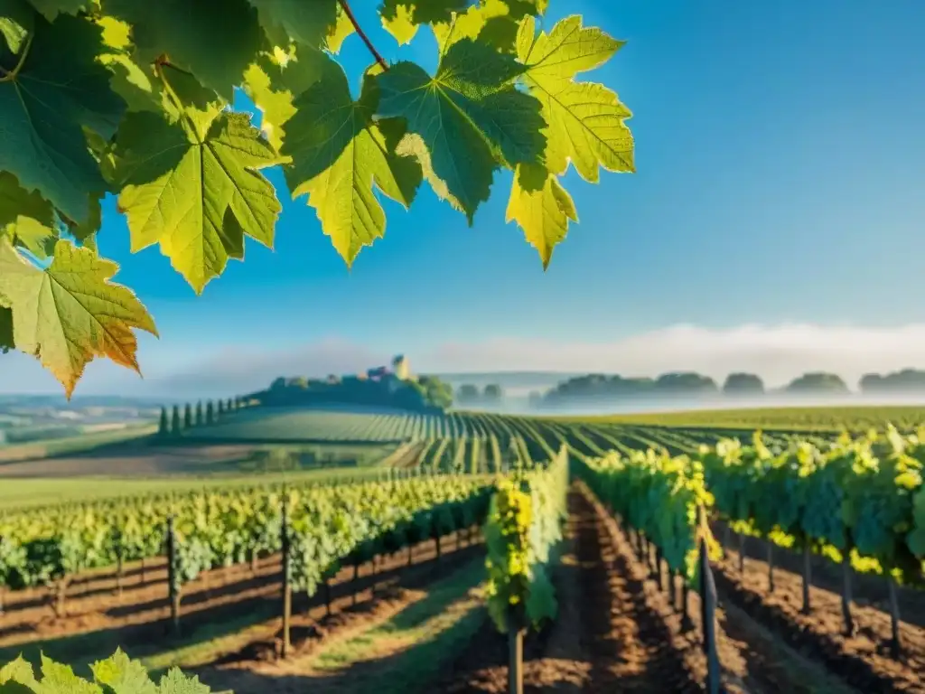 Los viñedos bañados por el sol de Armagnac en Francia, con sus parras exuberantes y edificaciones de piedra, muestran la esencia del terroir