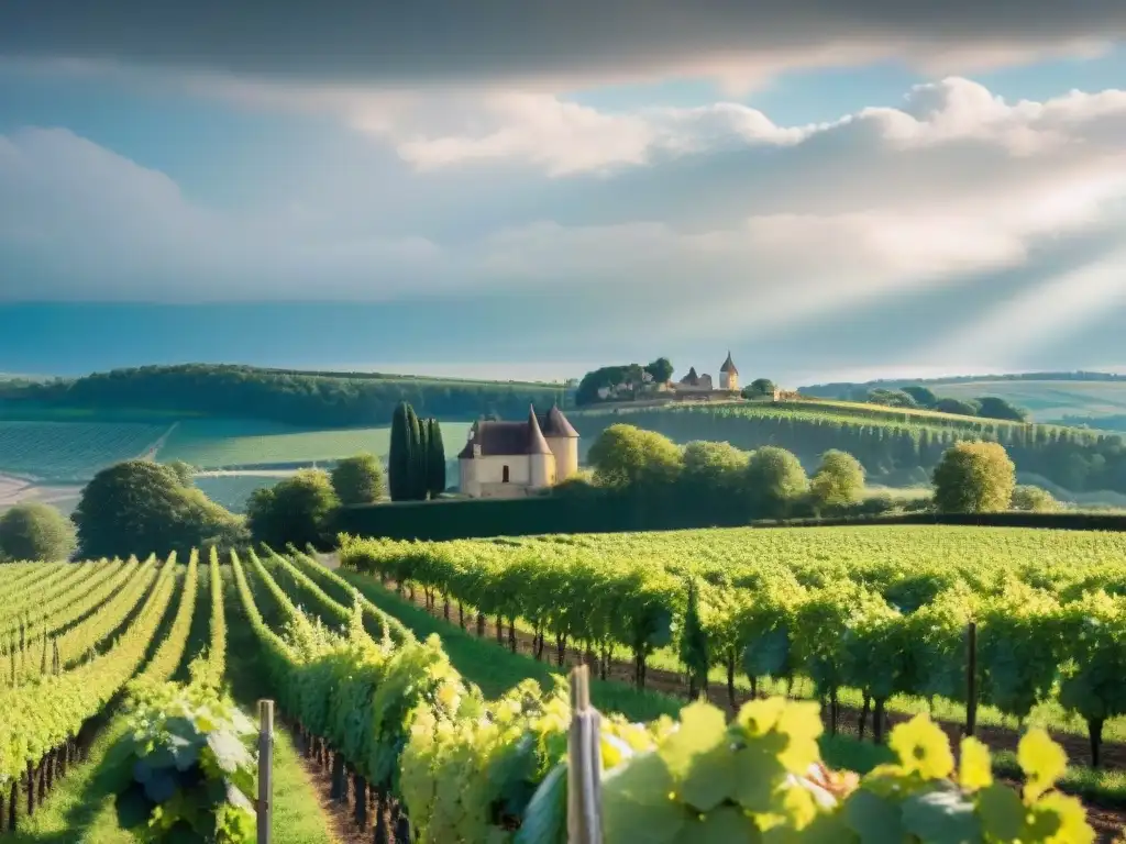 Viñedos de Borgoña bañados por el sol, con château histórico al fondo