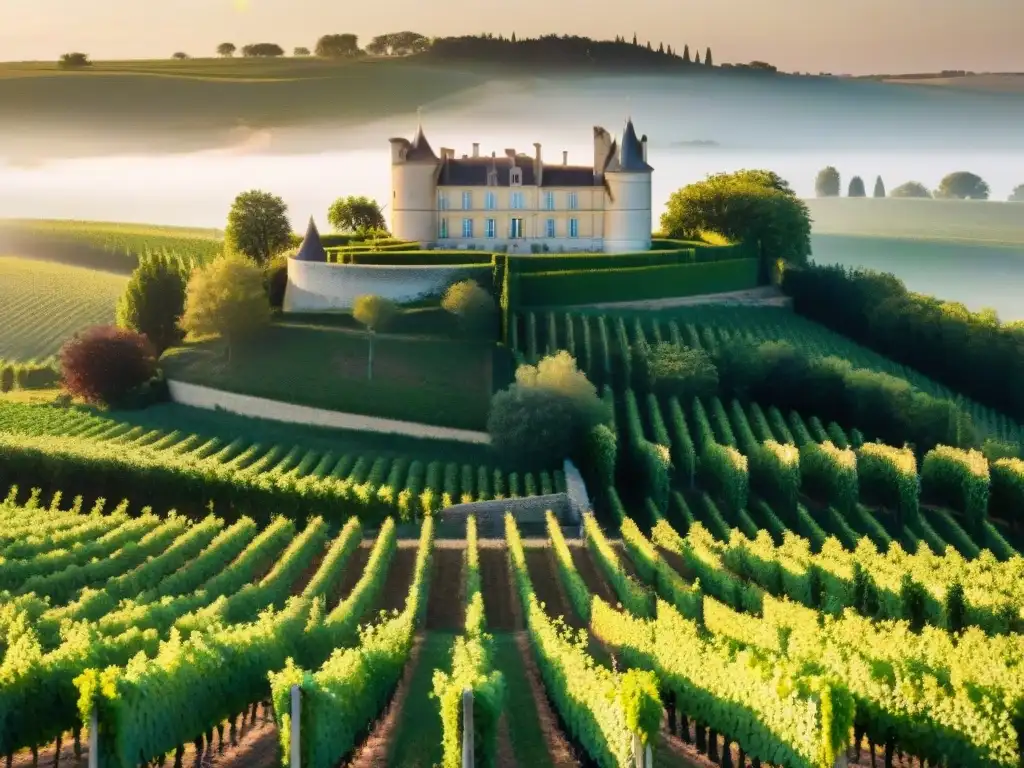 Viñedos bañados por el sol en la región de Burdeos, con uvas Sauternes doradas y un castillo histórico al fondo