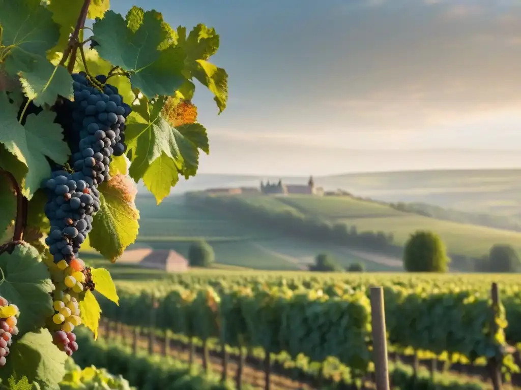 Viñedos de Borgoña bañados por el sol, uvas maduras y chateaus históricos en un paisaje sereno de la gastronomía francesa