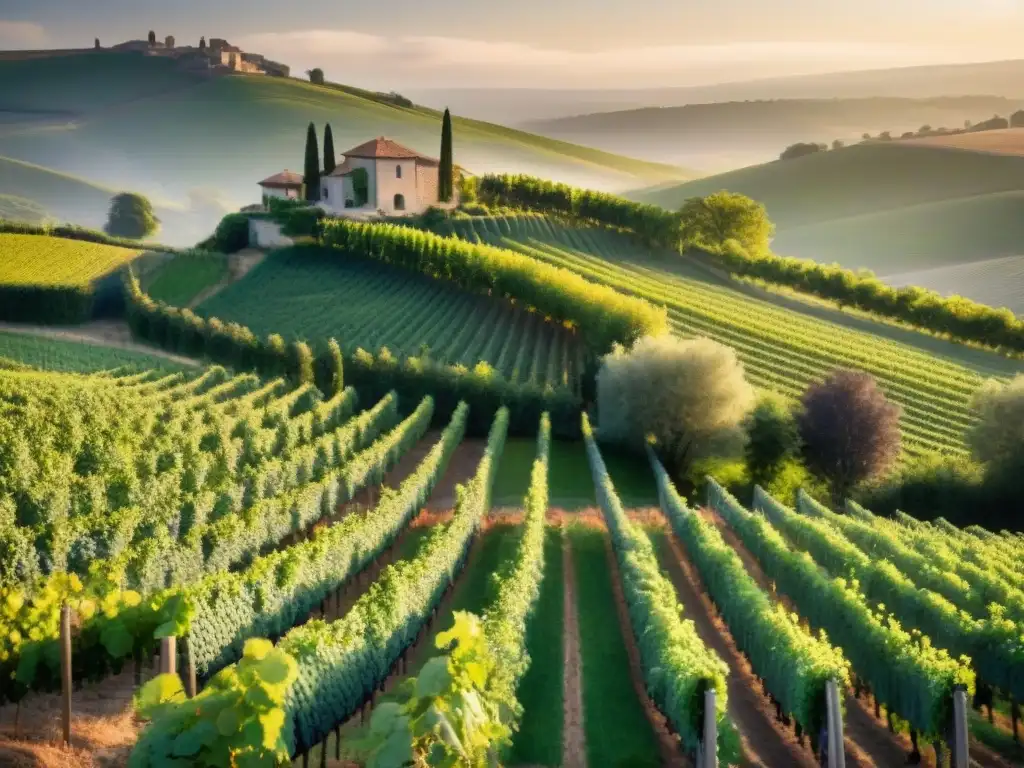 Viñedos biodinámicos en Francia: atardecer dorado entre hileras de viñas verdes y amapolas rojas