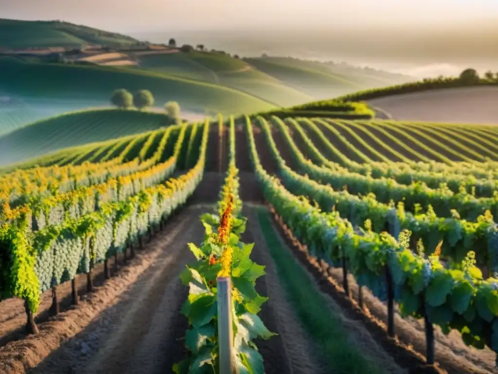 Viñedos biodinámicos en Francia: atardecer dorado entre filas de uvas y flores silvestres, abejas zumbando