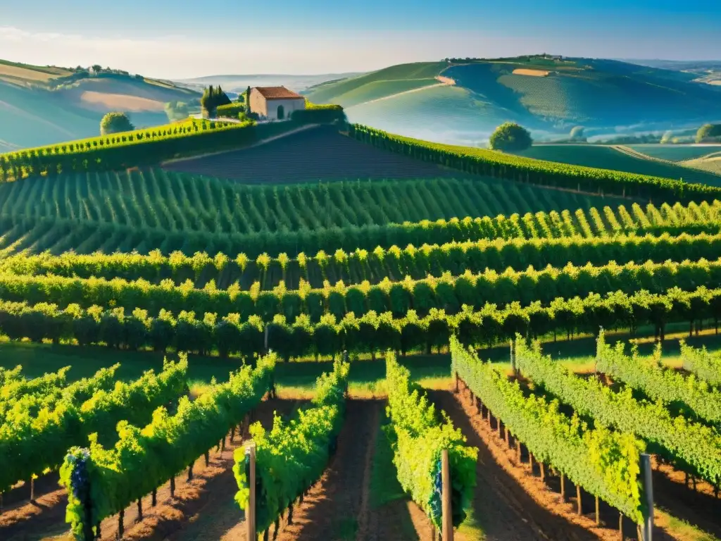 Viñedos biodinámicos en Francia: Trabajo meticuloso en un viñedo francés bajo el cielo azul, rodeado de colinas y una casa de piedra