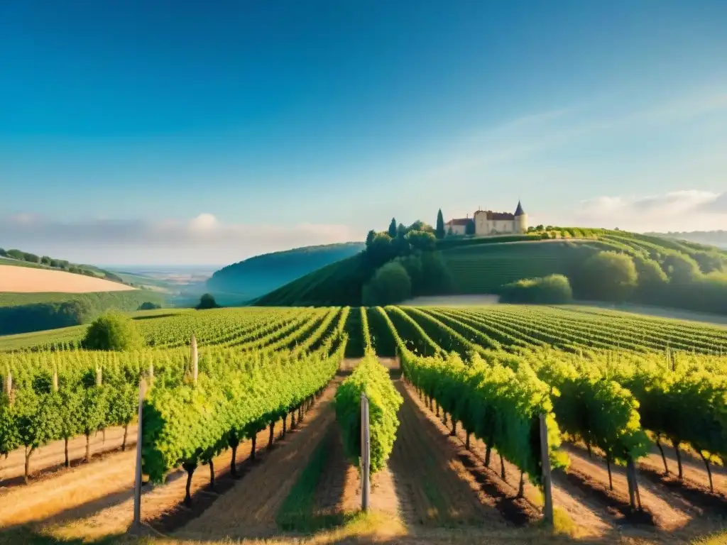 Viñedos biodinámicos en Francia: Trabajadores atienden las vides en un paisaje armonioso con un château antiguo al fondo