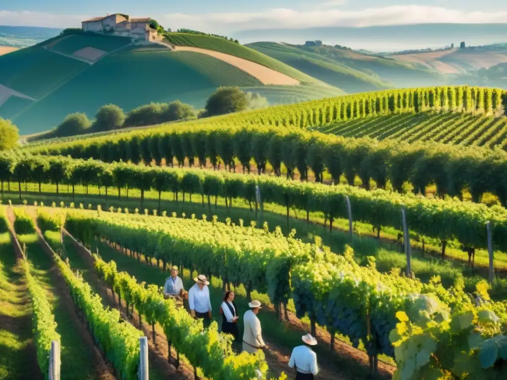 Viñedos biodinámicos en Francia: Winemakers cuidando las vides en armonía con la naturaleza, bajo un cielo azul vibrante