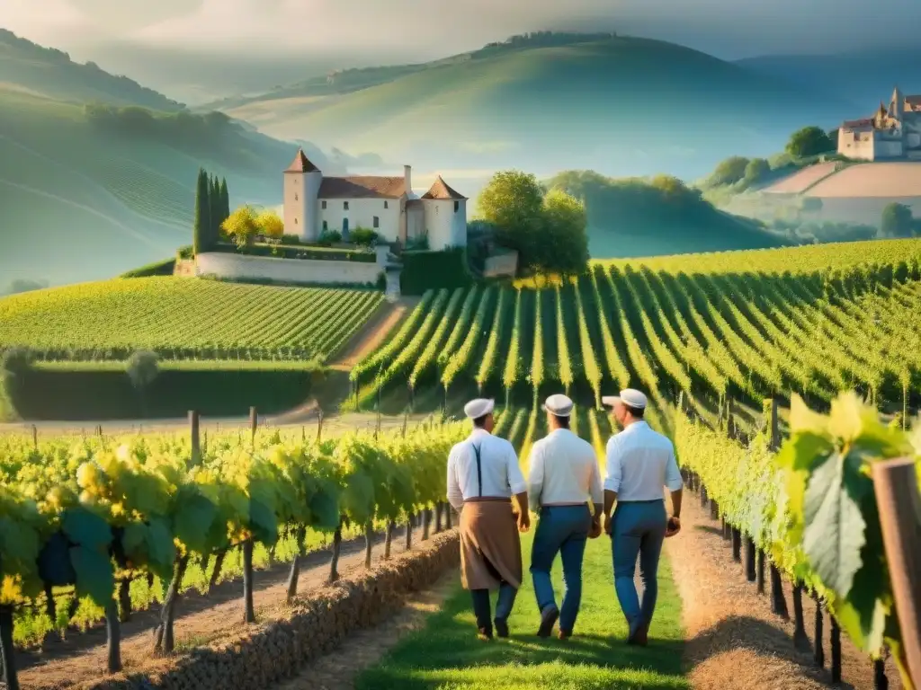 Viñedos biodinámicos en Francia: Winemakers inspeccionando hojas de vid bajo el sol dorado, chateau al fondo