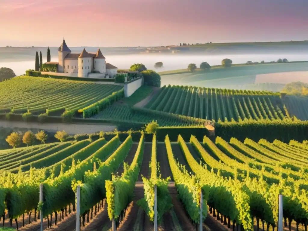 Viñedos de Bordeaux al atardecer, con filas de uvas verdes bañadas por la luz dorada