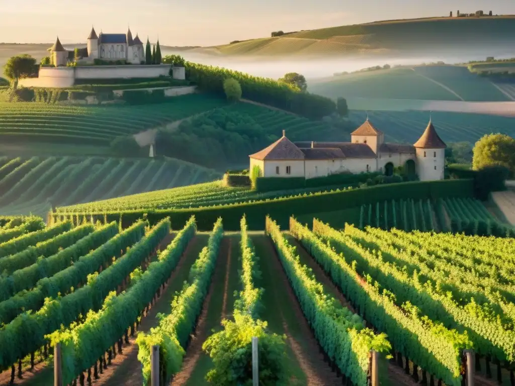 Vinedos de Bordeaux al atardecer, chateau y tradición vinícola francesa