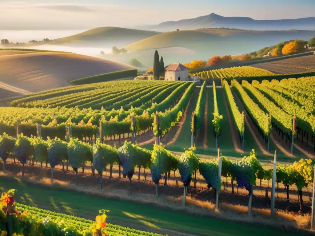 Viñedos de Bordeaux en otoño con uvas Cabernet Sauvignon listas para la vendimia