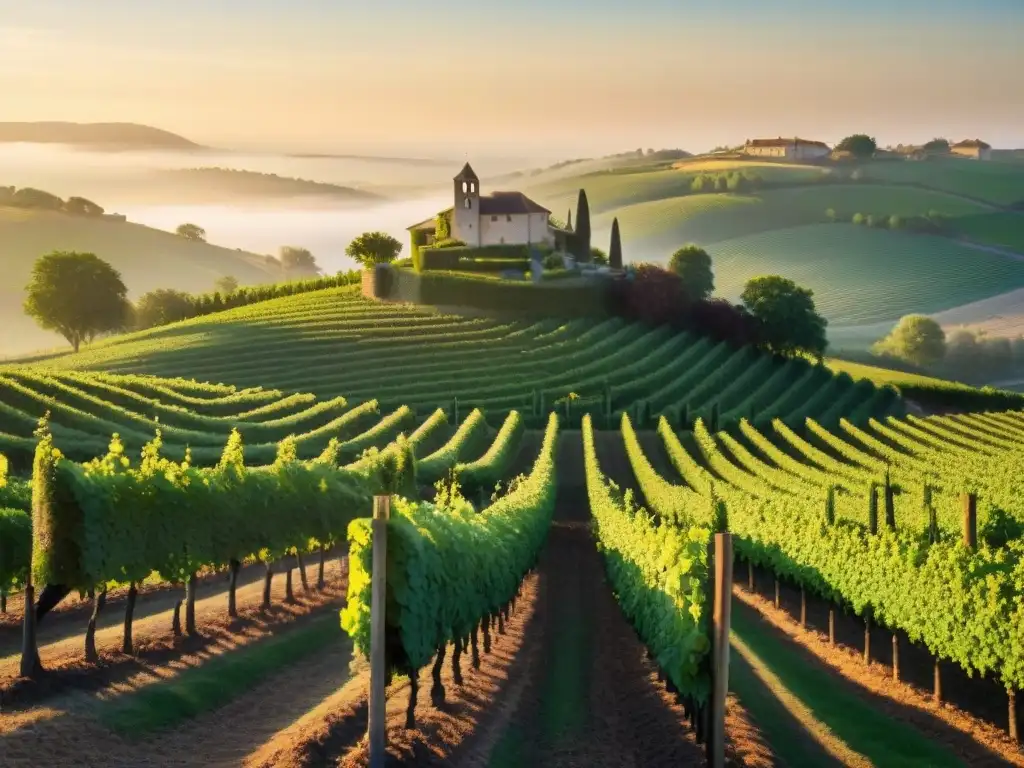 Viñedos de Borgoña en un amanecer dorado, con bruma matinal abrazando las vides