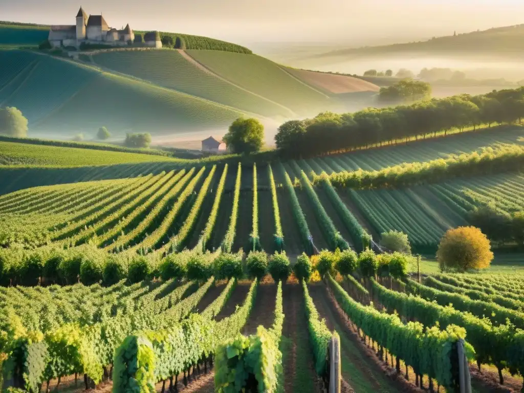 Viñedos de Borgoña al atardecer con viticultores cosechando uvas, chateau antiguo en el fondo