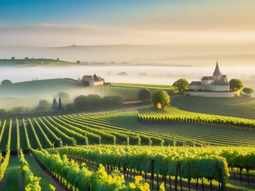 Viñedos de Bordeaux al amanecer: Belleza dorada y serenidad francesa Viñedos de Burdeos al amanecer, con filas de uvas verdes bajo una luz dorada, evocando la historia vinícola y la gastronomía francesa