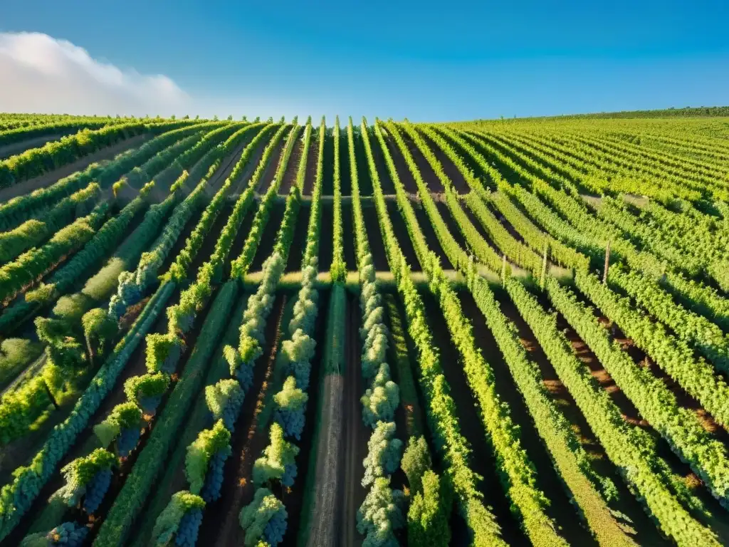 Viñedos en la campiña francesa bajo cielo azul, reflejando la armonía de la agricultura sostenible