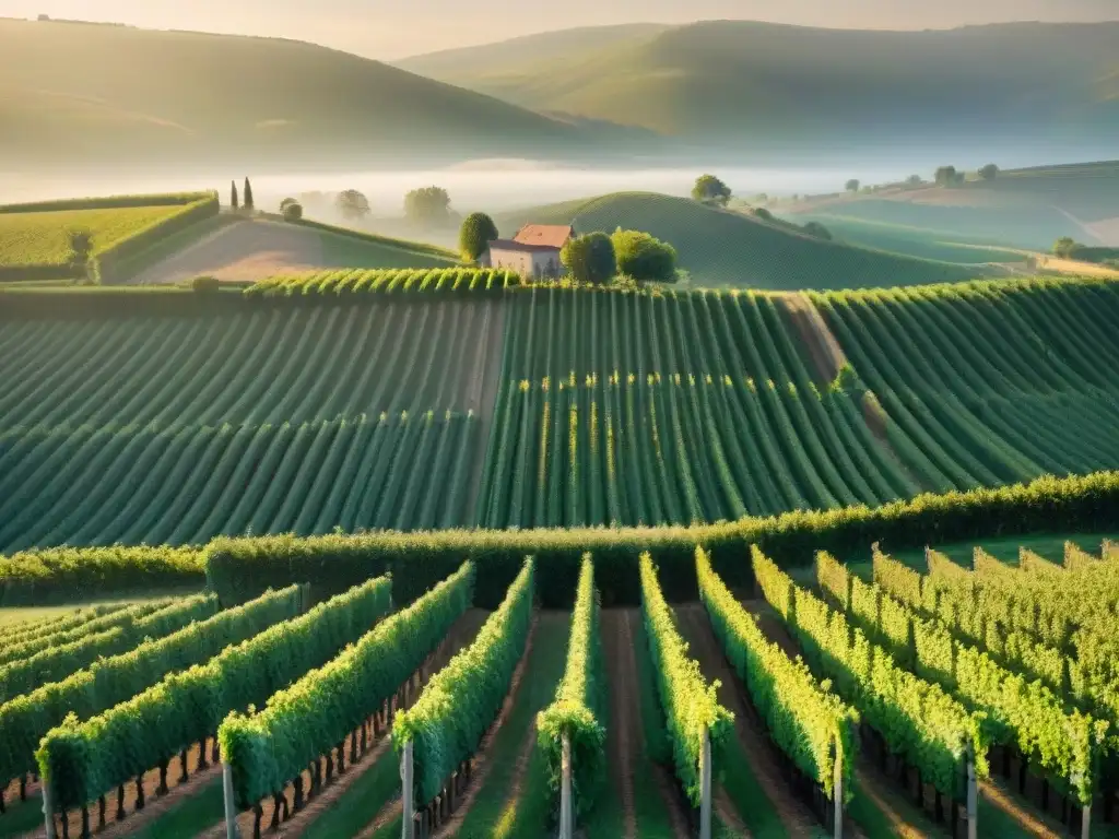 Vinedos de Champagne al atardecer, con filas interminables de verde intenso y cálida luz dorada