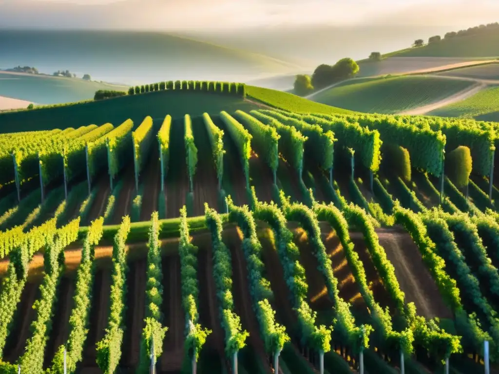 Vinedos en Champagne: filas de uvas bajo la luz dorada, terroir único