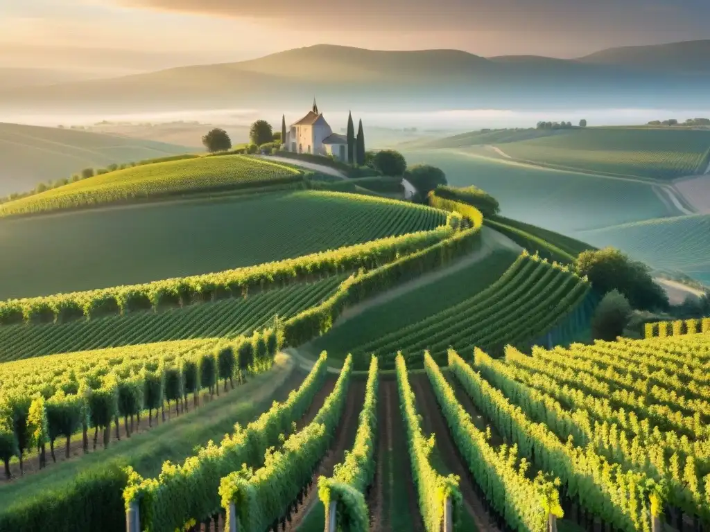 Viñedos de la región de Champagne al amanecer, resaltando la historia del vino espumoso en Francia