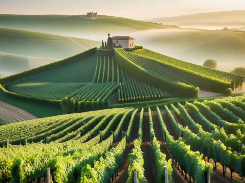 Viñedos de Champagne en la mañana, hojas brillantes con rocío bajo la niebla