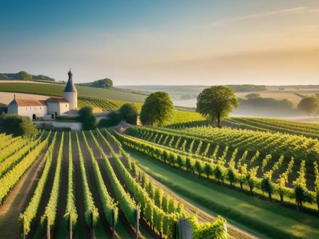 Viñedos de Cognac bañados por el sol, alambiques de cobre y barricas de cognac