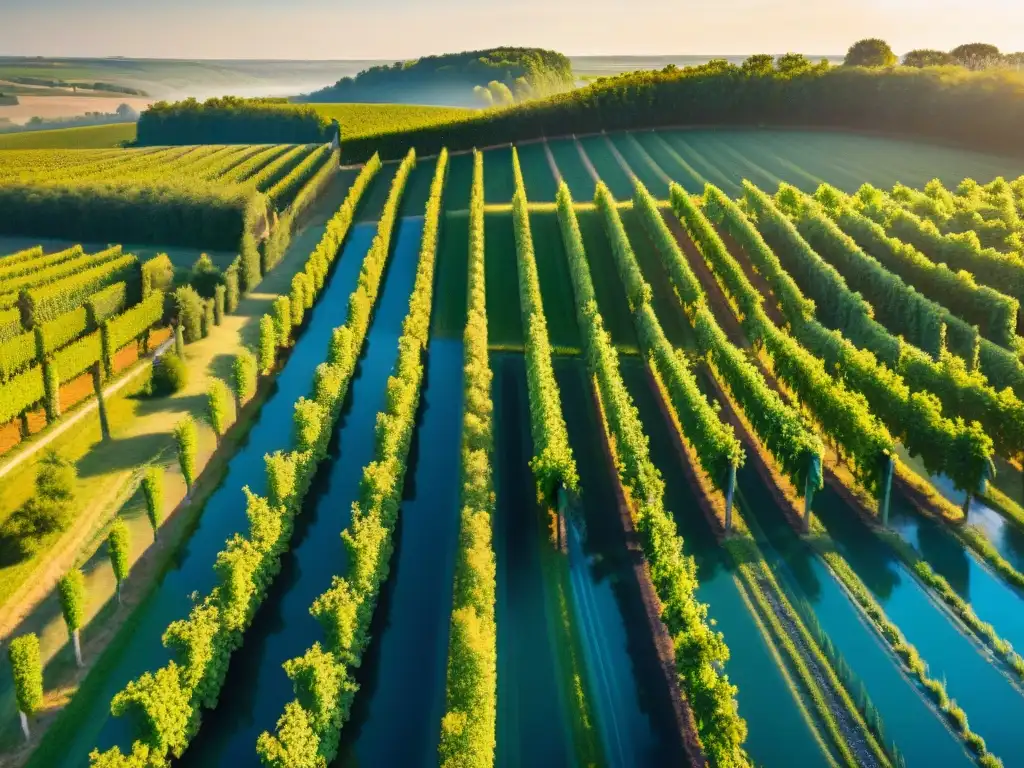 Vinedos del Cognac francés, con patrones de uvas y río Charente bajo el cielo azul