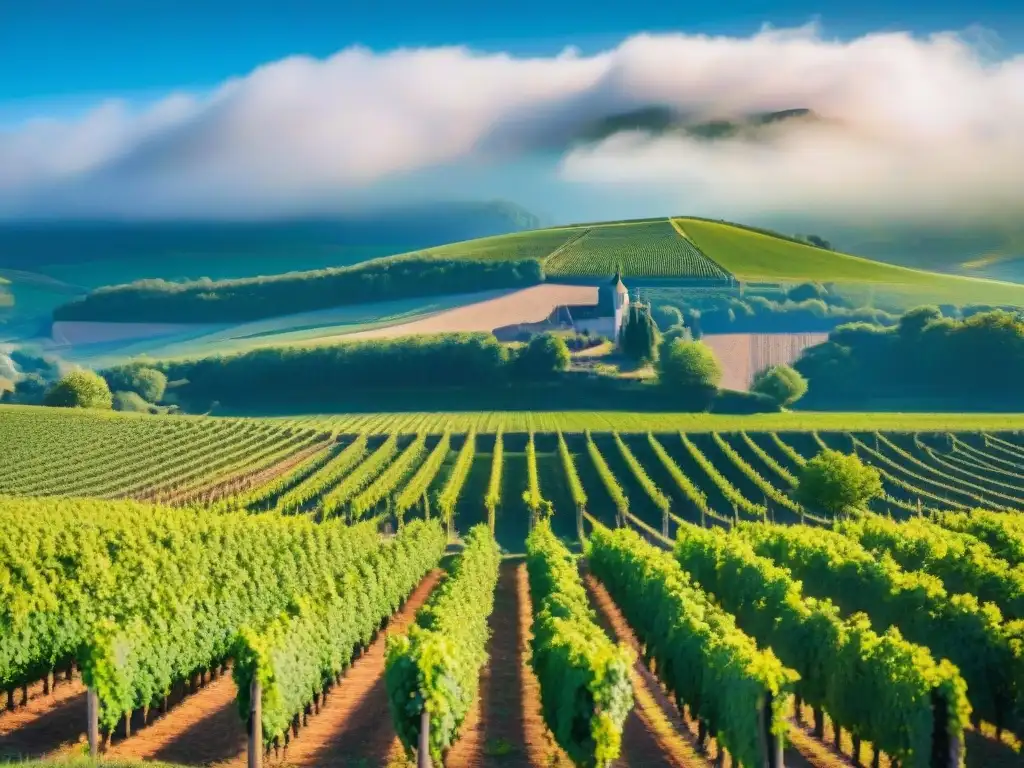 Viñedos en colinas de Borgoña, Francia, con chateaus históricos y pueblos pintorescos