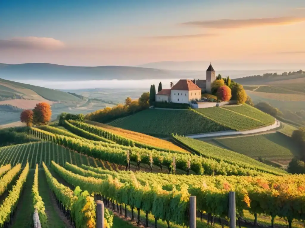 Viñedos menos conocidos en Francia: paisaje dorado de viñedos en otoño con un antiguo castillo al fondo